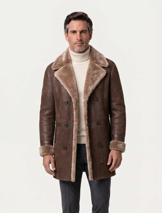 Aspen brown shearling coat with oversized lapel and double-breasted front for men winter luxury