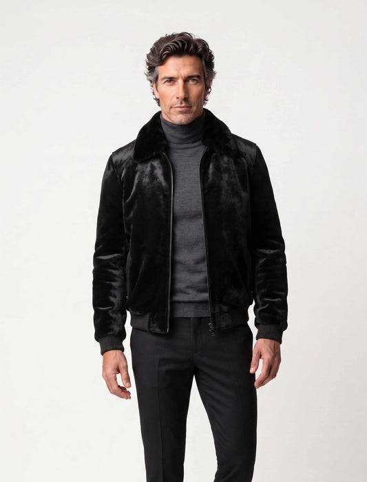 Black sheared fur bomber jacket with mink collar handcrafted in Turkey