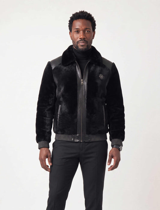 Signature black sheared fur bomber jacket with python leather details for men