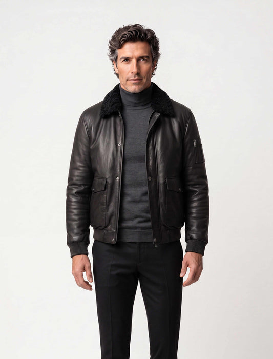 Black shearling leather bomber jacket with curly lamb collar and military-inspired design