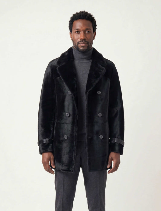 Black Noir shearling coat with oversized collar and double-breasted front, handcrafted from premium leather for winter warmth and luxury