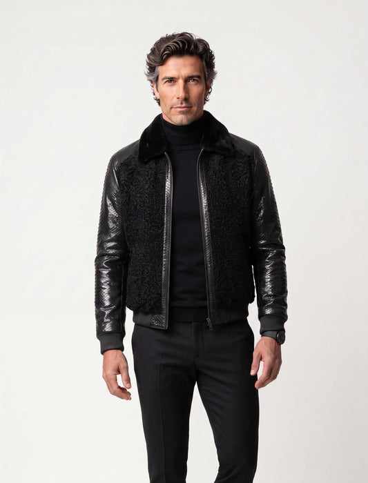 Noir Python & Astrakhan Leather Bomber Jacket with mink collar handcrafted in Turkey
