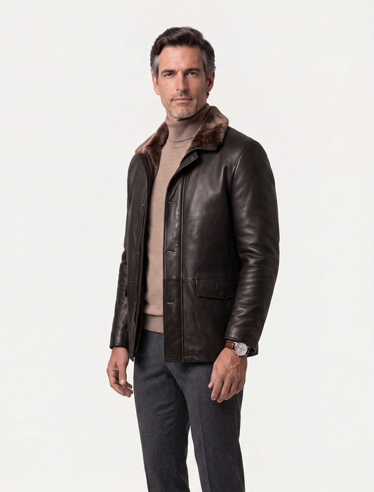 Dark brown Torino shearling collar leather coat for men showcasing premium genuine leather and luxurious comfort