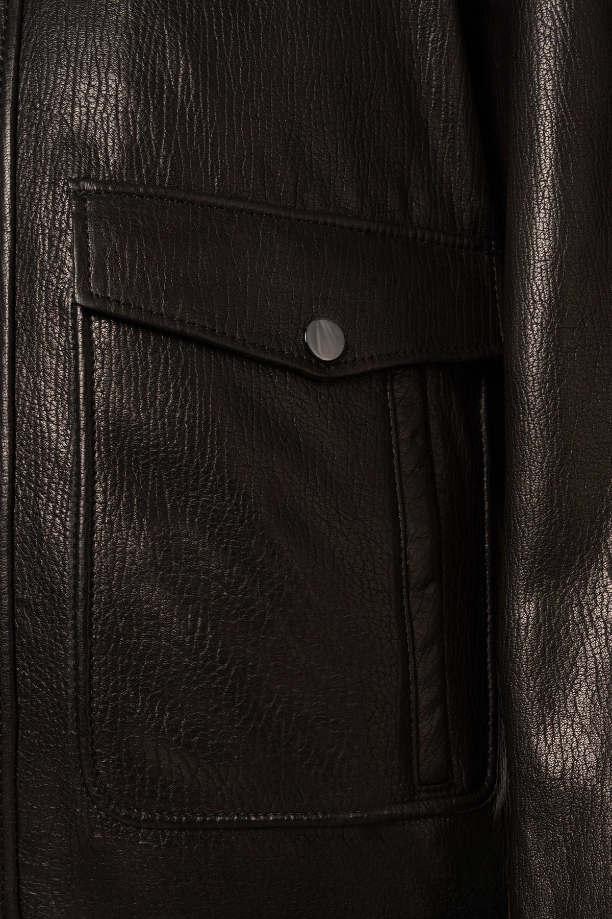 Black Alden Leather Bomber Jacket with structured collar and flap pockets
