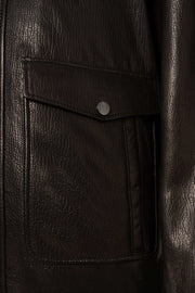 Black Alden Leather Bomber Jacket with structured collar and flap pockets