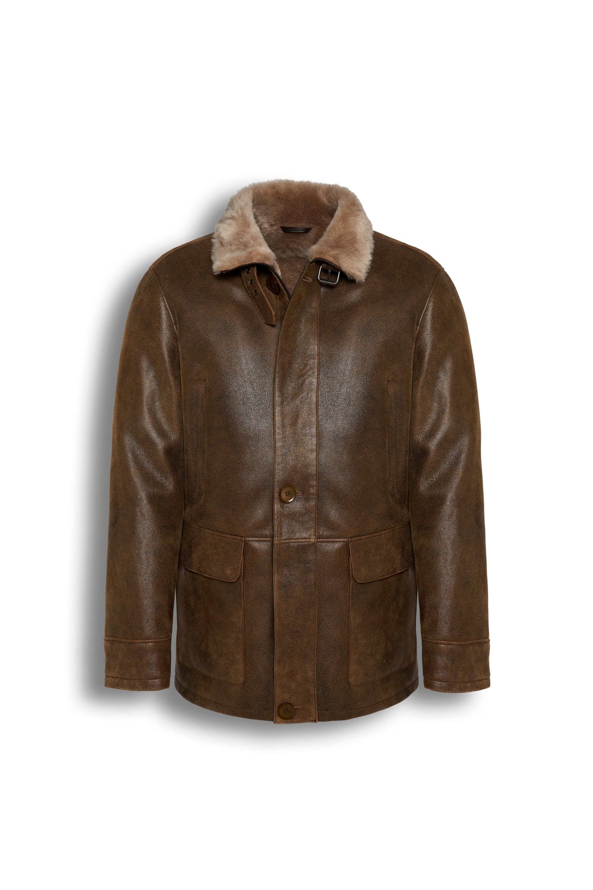 Kensington Shearling Leather Jacket in saddle brown with genuine sheepskin and natural shearling wool lining