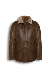 Kensington Shearling Leather Jacket in saddle brown with genuine sheepskin and natural shearling wool lining
