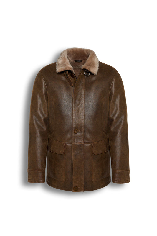 Kensington Shearling Leather Jacket in saddle brown with genuine sheepskin and natural shearling wool lining