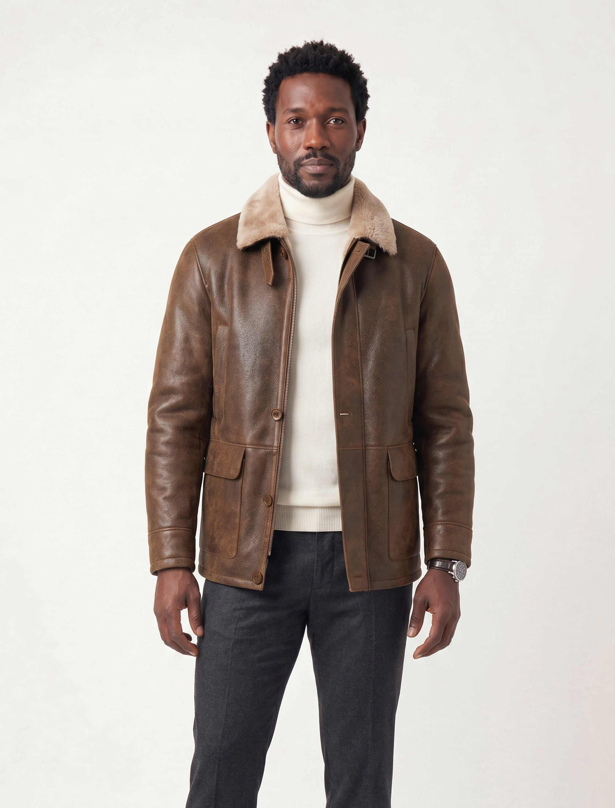 Kensington Shearling Leather Jacket in saddle brown with genuine sheepskin and natural shearling lining