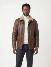 Kensington Shearling Leather Jacket in saddle brown with genuine sheepskin and natural shearling lining