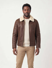 Hudson Brown Merino Shearling Leather Jacket made of premium sheepskin with soft shearling interior and brown leather exterior