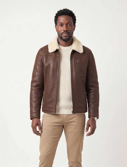 Hudson Brown Merino Shearling Leather Jacket made of premium sheepskin with soft shearling interior and brown leather exterior