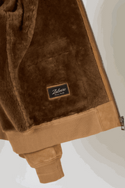 Men's camel shearling suede bomber jacket with full shearling lining and suede exterior