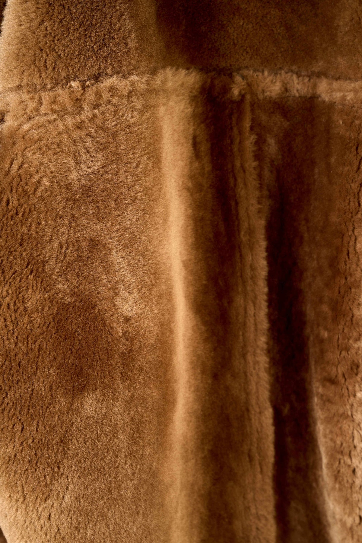 Men's camel shearling suede bomber jacket with full zipper and flap pockets