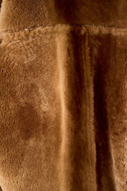 Men's camel shearling suede bomber jacket with full zipper and flap pockets