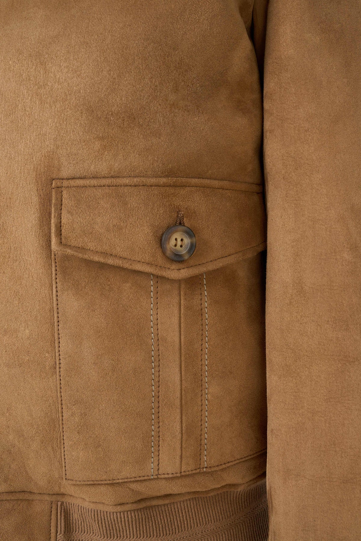 Men's camel shearling suede bomber jacket with full zipper and flap pockets