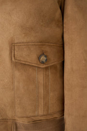 Men's camel shearling suede bomber jacket with full zipper and flap pockets