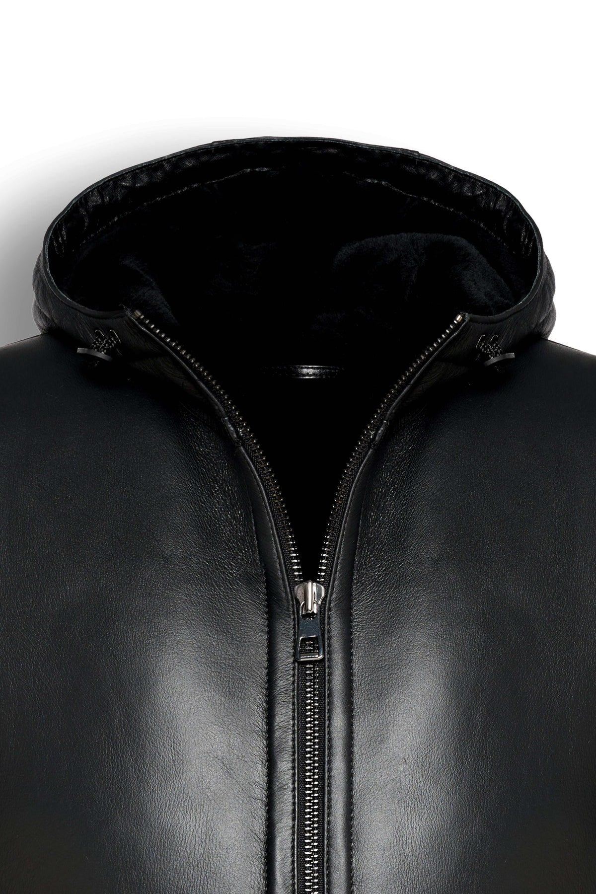 Arctic Black Hooded shearling leather jacket with minimalist design and integrated hood