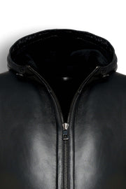 Arctic Black Hooded shearling leather jacket with minimalist design and integrated hood