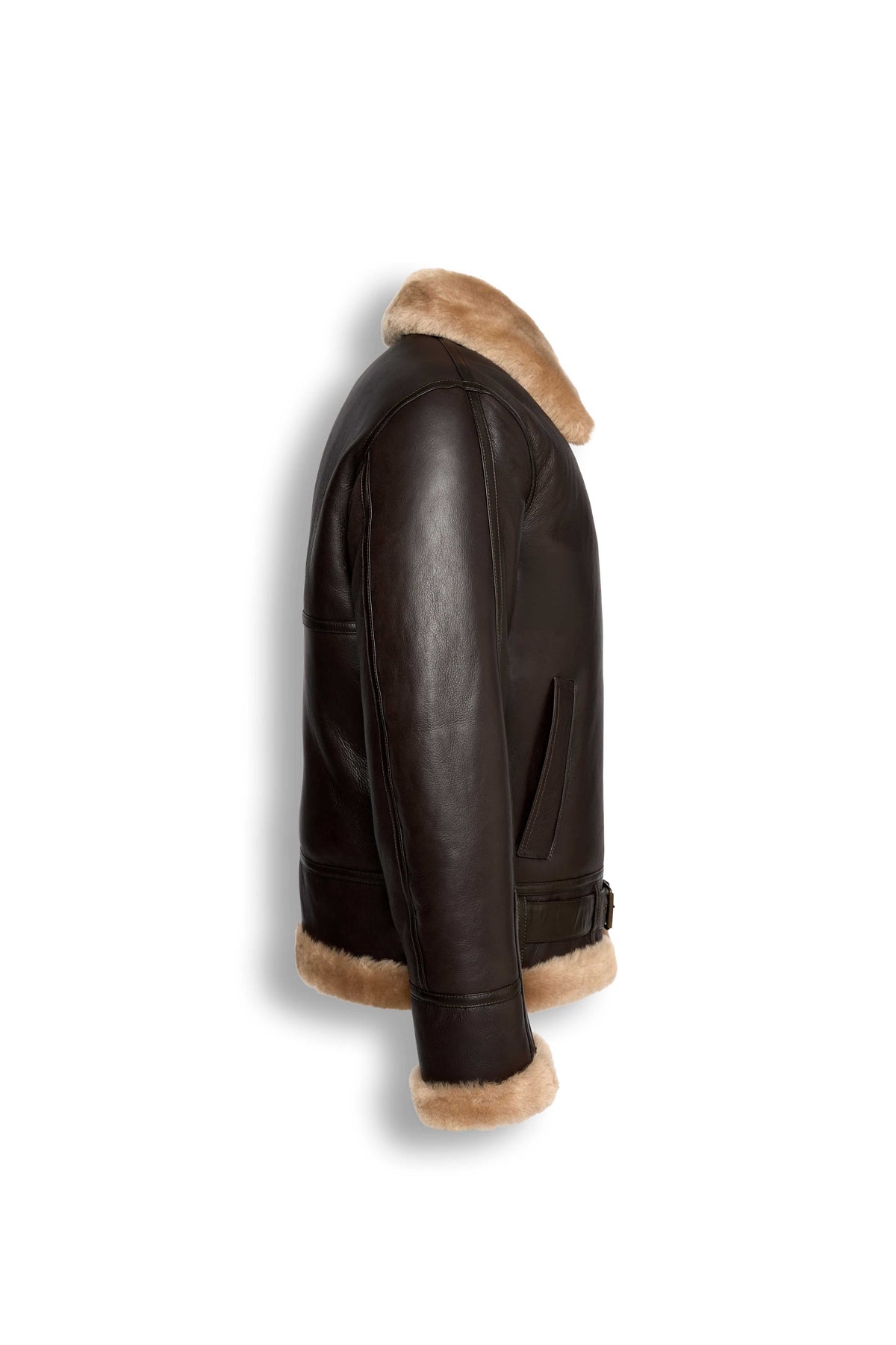 Heritage B3 dark brown shearling leather jacket with camel collar and front zipper