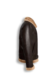 Heritage B3 dark brown shearling leather jacket with camel collar and front zipper