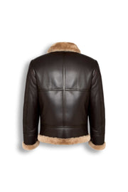 Heritage B3 dark brown shearling leather jacket with camel collar and heavy-duty zipper
