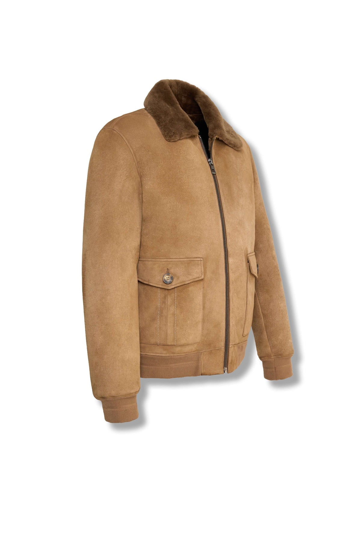 Men's camel shearling suede bomber jacket with full zipper and flap pockets, styled for casual and smart-casual wear