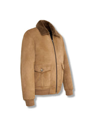 Men's camel shearling suede bomber jacket with full zipper and flap pockets, styled for casual and smart-casual wear