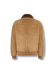 Men's camel shearling suede bomber jacket with full-length zipper and flap pockets designed for warmth and style