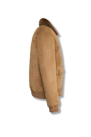 Men's camel shearling suede bomber jacket with ribbed cuffs and zipper closure