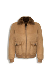 Men's camel shearling suede bomber jacket with full zipper and flap pockets