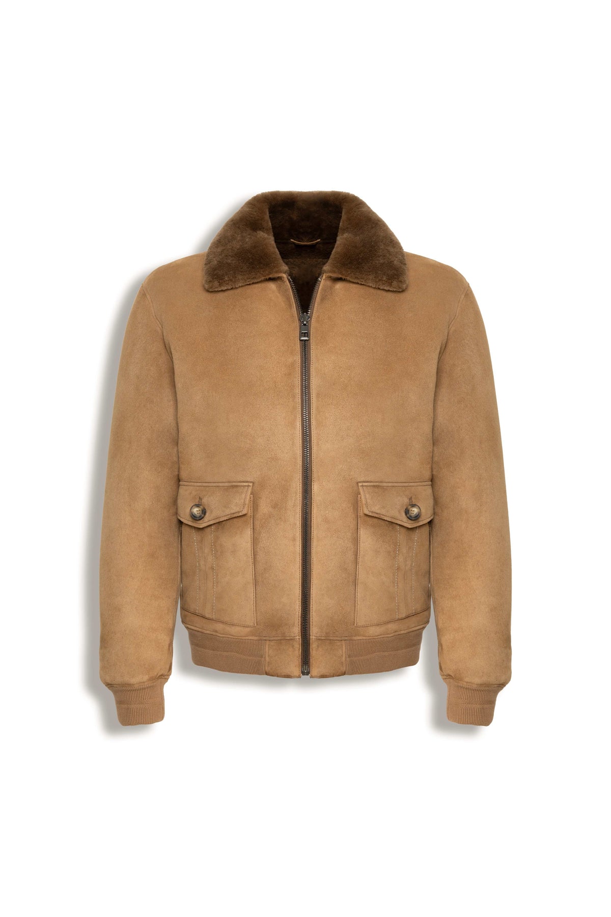 Men's camel shearling suede bomber jacket with full zipper and flap pockets