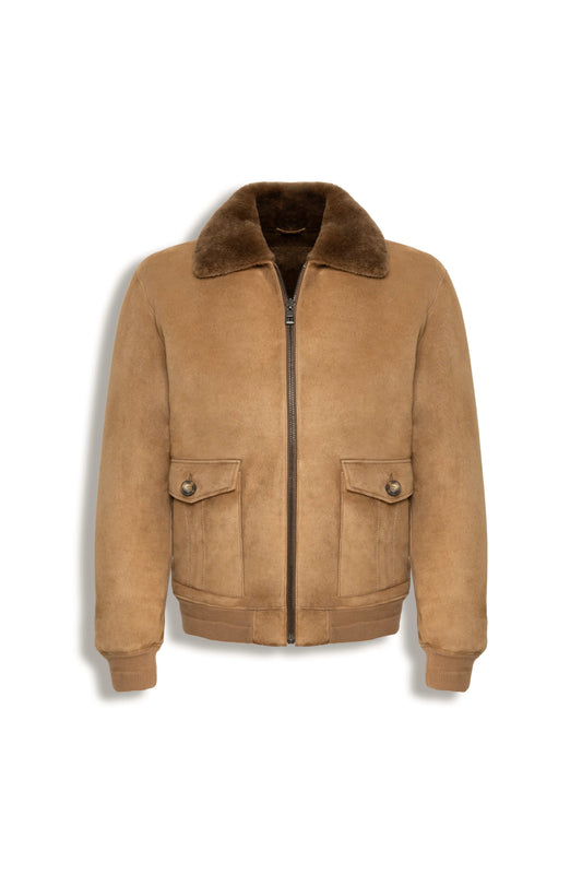 Men's camel shearling suede bomber jacket with full zipper and flap pockets