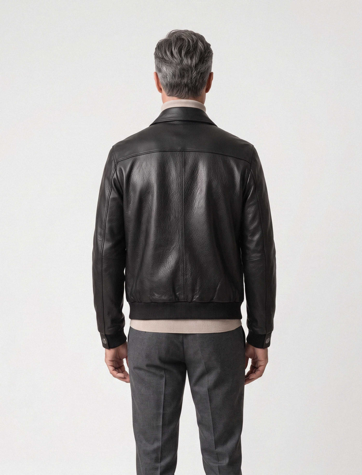 Black Alden Leather Bomber Jacket with structured collar and flap pockets