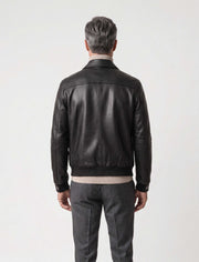 Black Alden Leather Bomber Jacket with structured collar and flap pockets