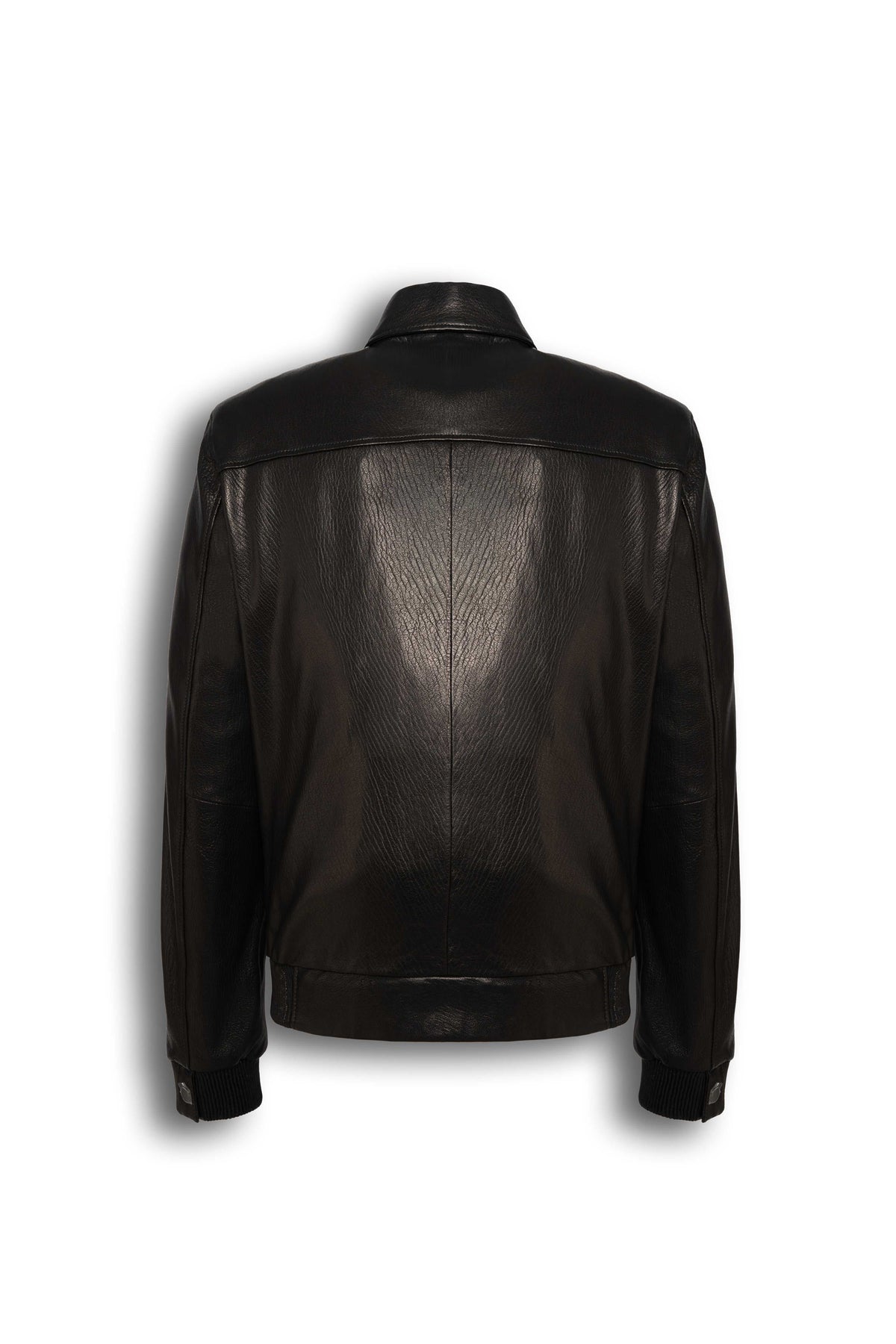 Alden Leather Bomber Jacket in black with textured leather, shirt collar, flap pockets, and ribbed trims