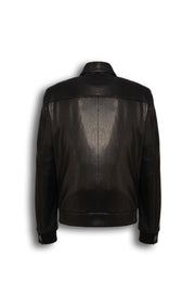 Alden Leather Bomber Jacket in black with textured leather, shirt collar, flap pockets, and ribbed trims