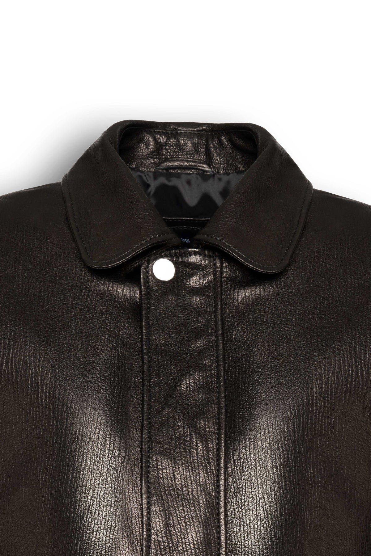 Black Alden Leather Bomber Jacket with structured collar and utility flap pockets