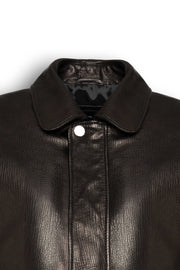Black Alden Leather Bomber Jacket with structured collar and utility flap pockets