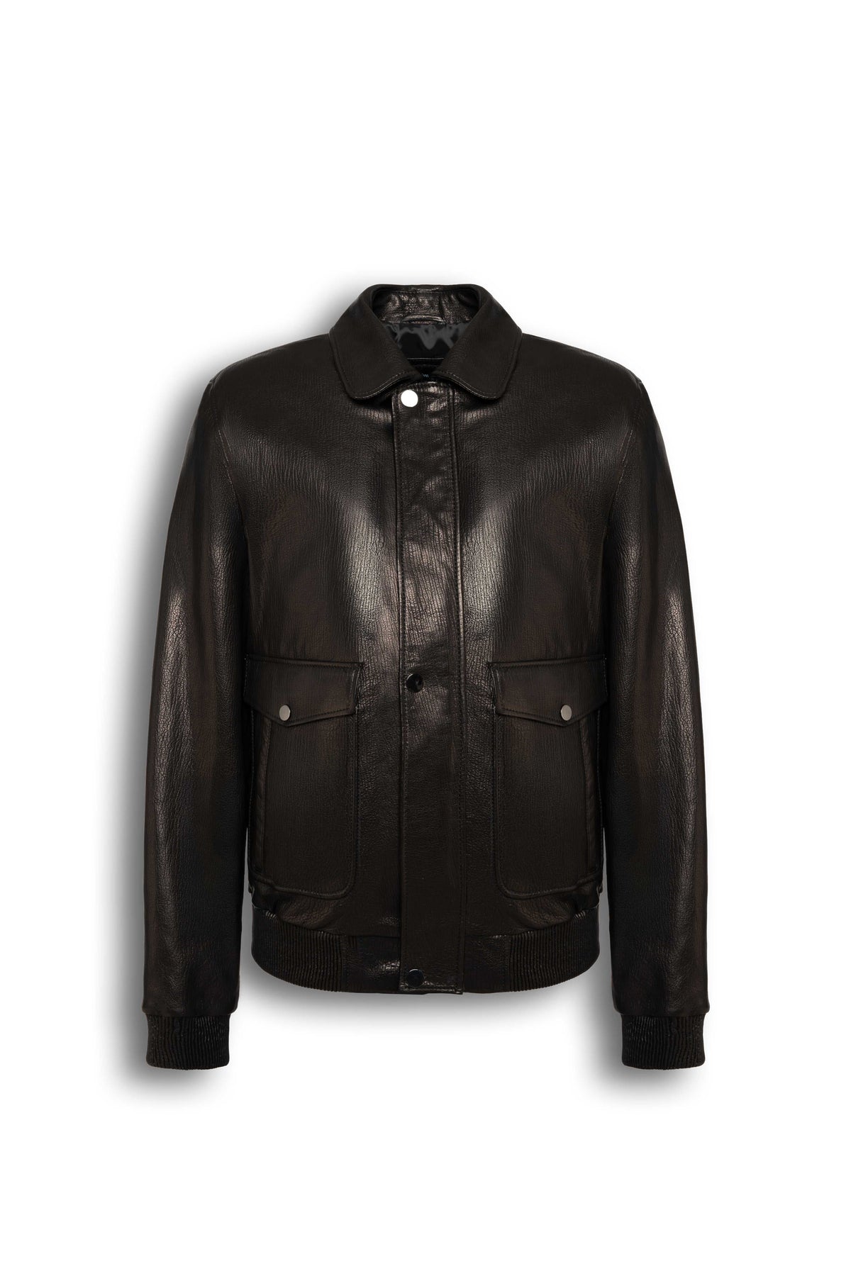 Alden Leather Bomber Jacket in black with structured collar and flap pockets
