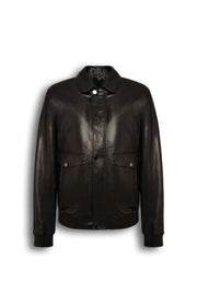 Alden Leather Bomber Jacket in black with structured collar and flap pockets