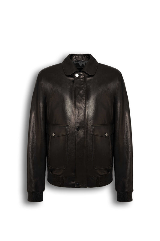 Alden Leather Bomber Jacket in black with structured collar and flap pockets