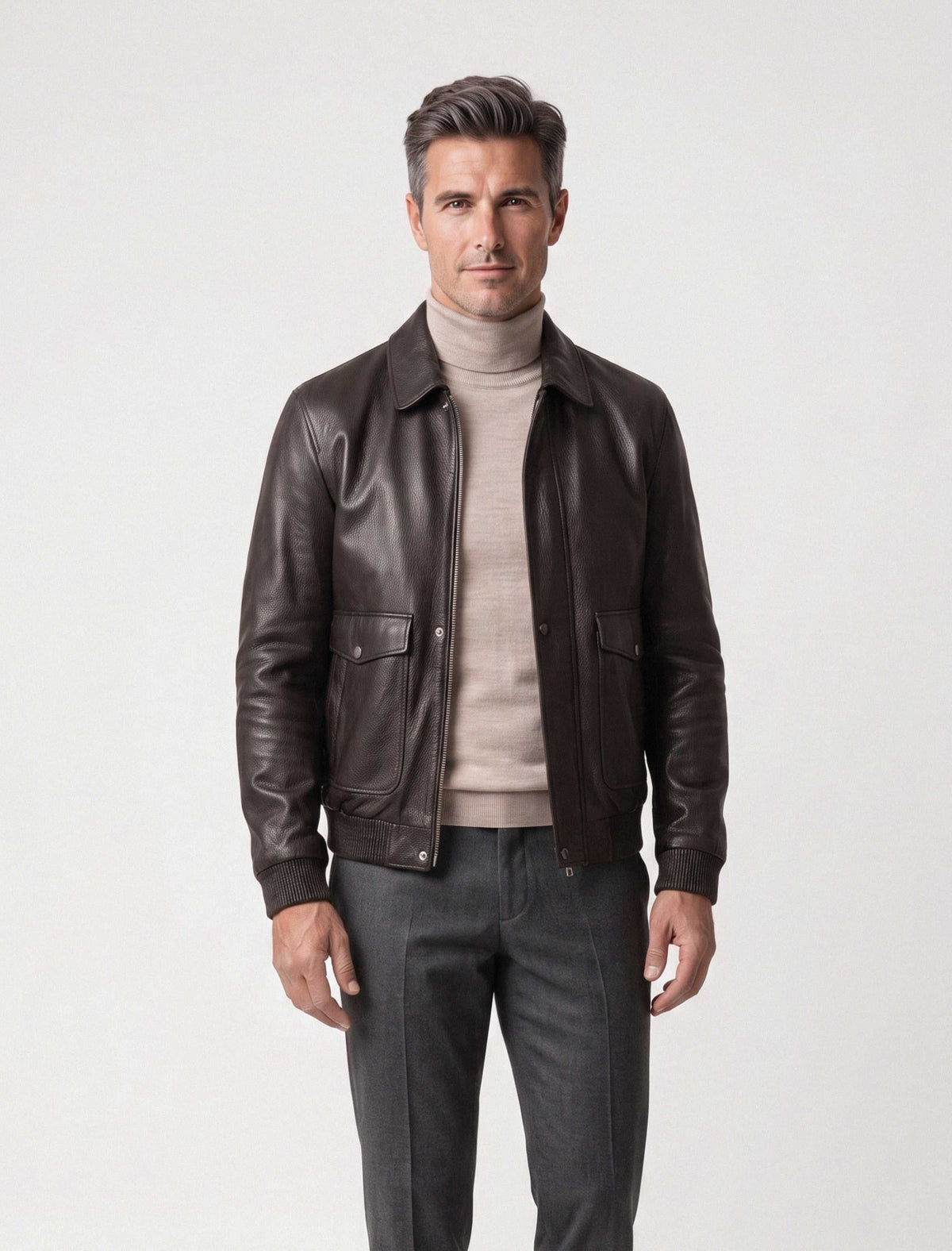 Black Alden Leather Bomber Jacket with textured finish and flap pockets