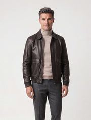 Black Alden Leather Bomber Jacket with textured finish and flap pockets