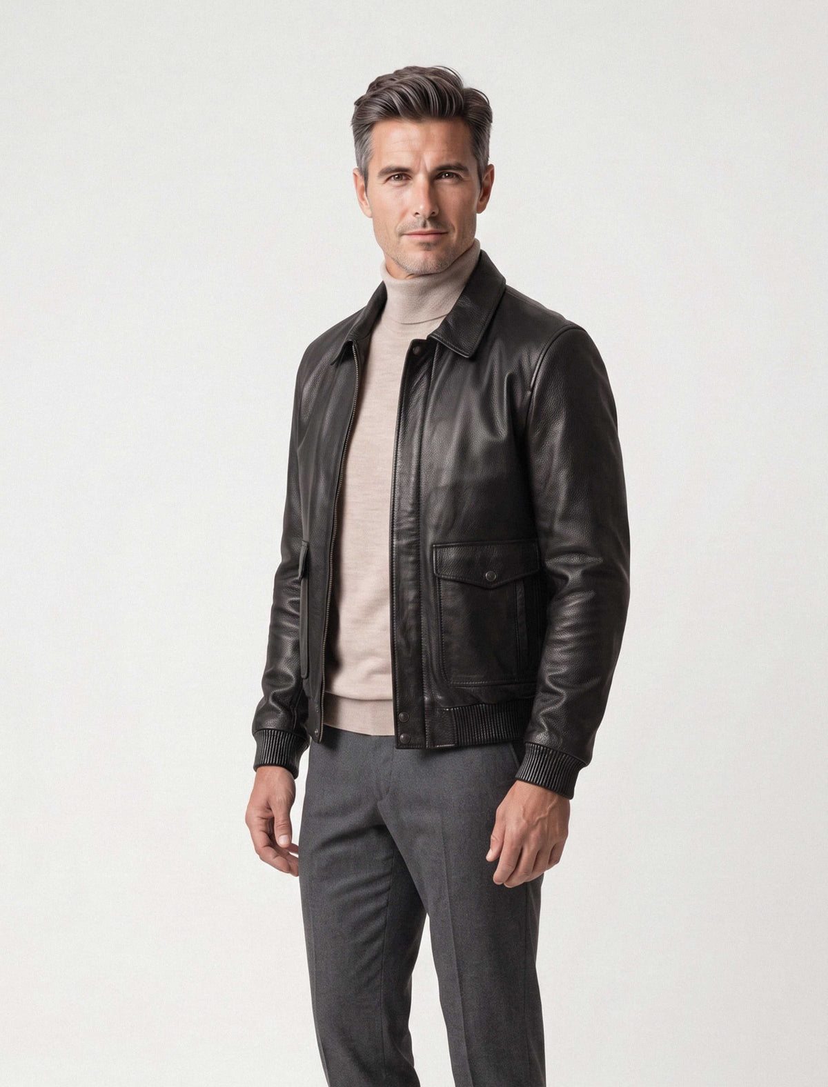 Alden Leather Bomber Jacket in black with textured genuine leather, structured collar, flap pockets, and ribbed trims.