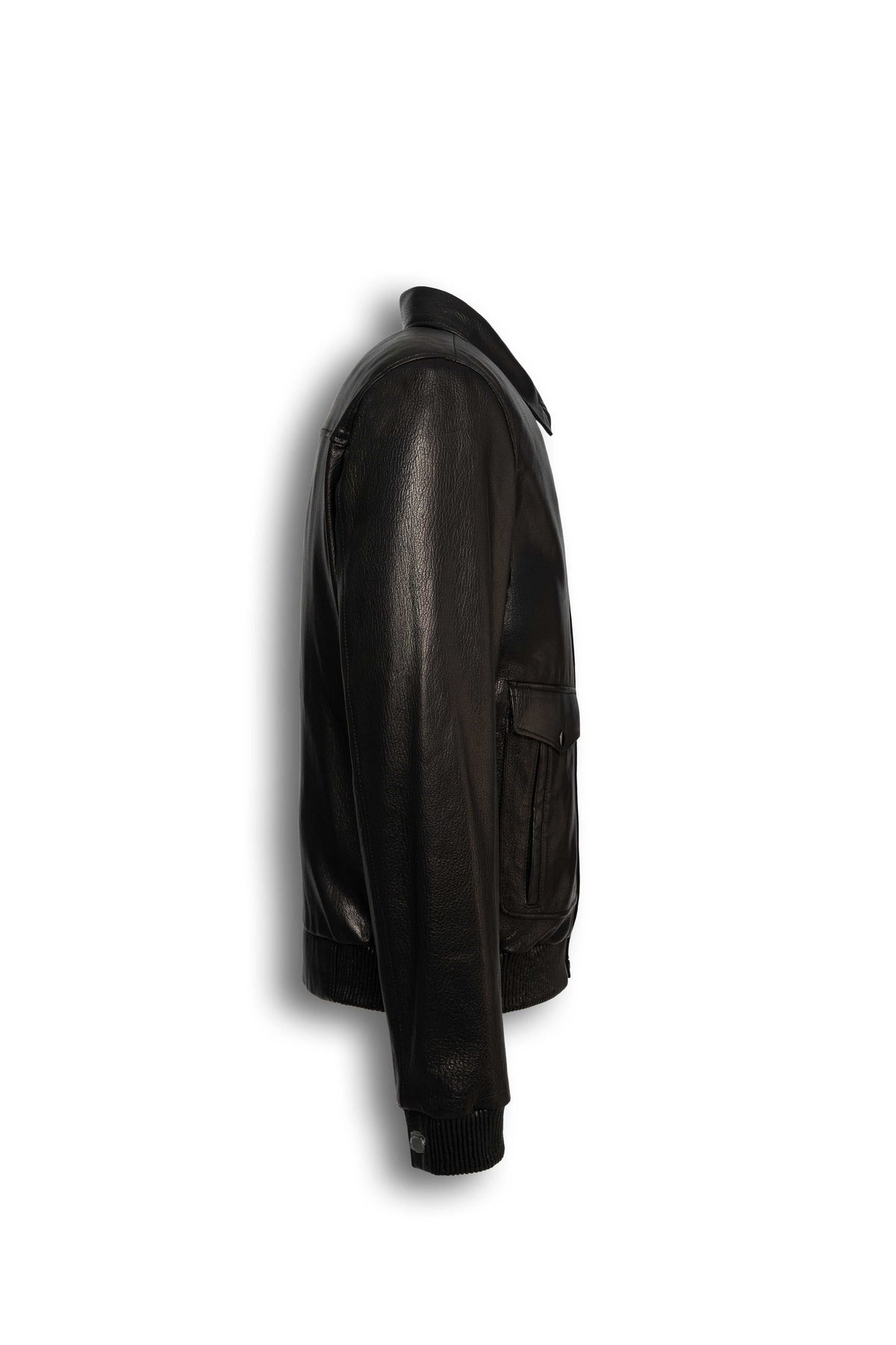 Alden Leather Bomber Jacket in black with structured collar and flap pockets
