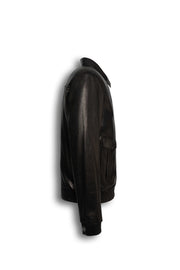 Alden Leather Bomber Jacket in black with structured collar and flap pockets