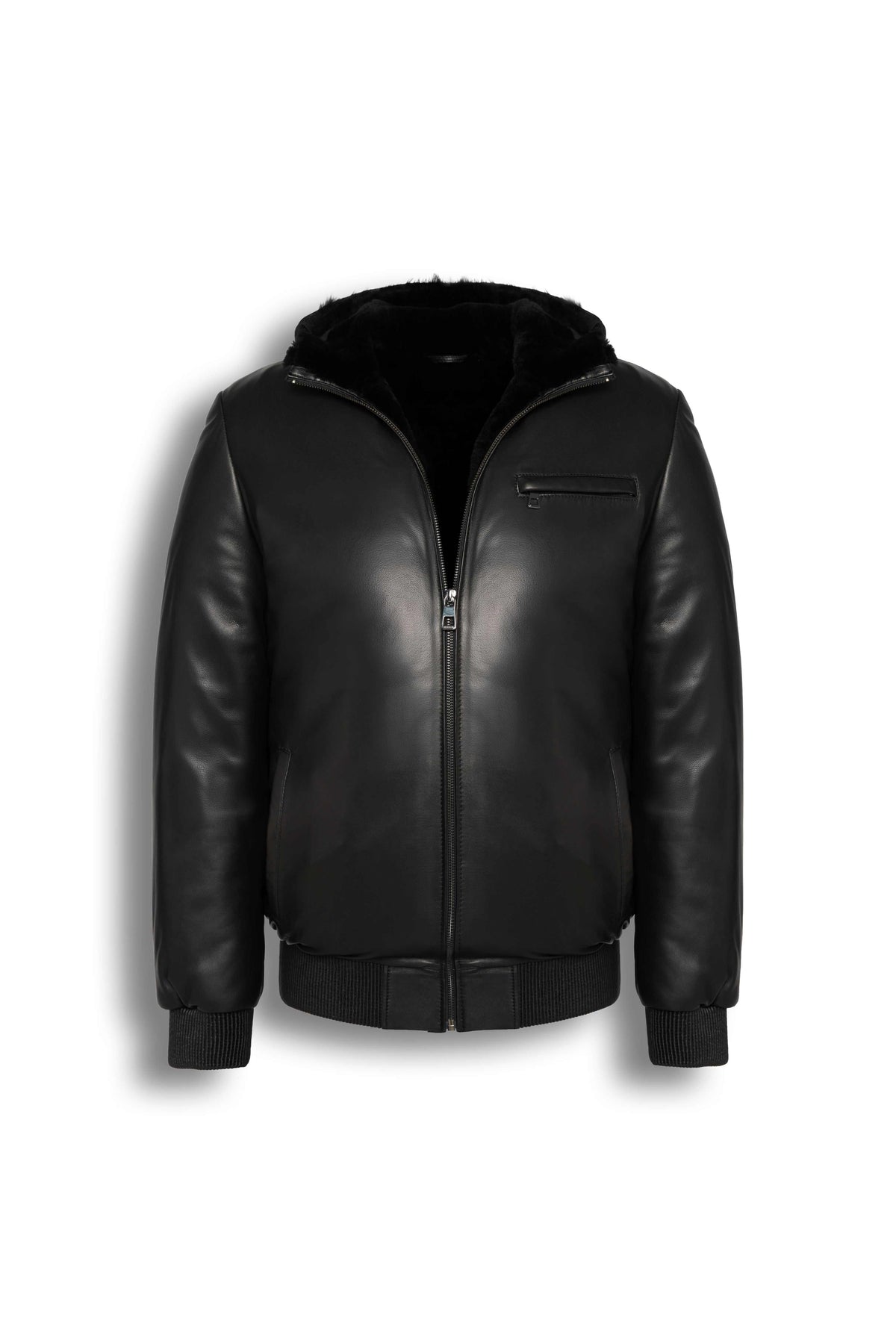 Arctic Hooded Leather Bomber Jacket in black with shearling lining