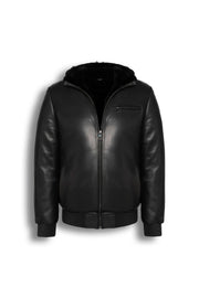 Arctic Hooded Leather Bomber Jacket in black with shearling lining