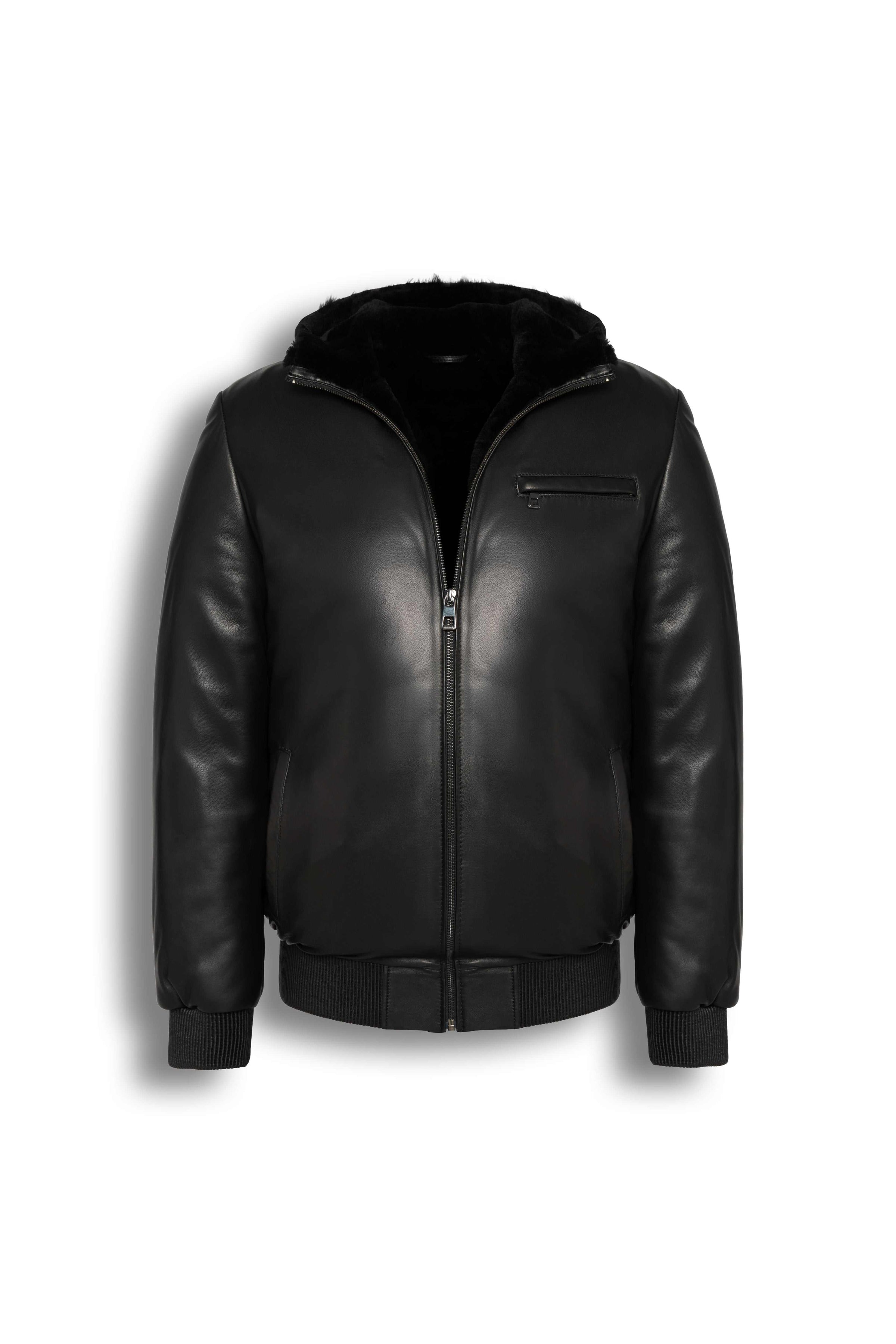 Arctic Hooded Leather Bomber Jacket in black with shearling lining